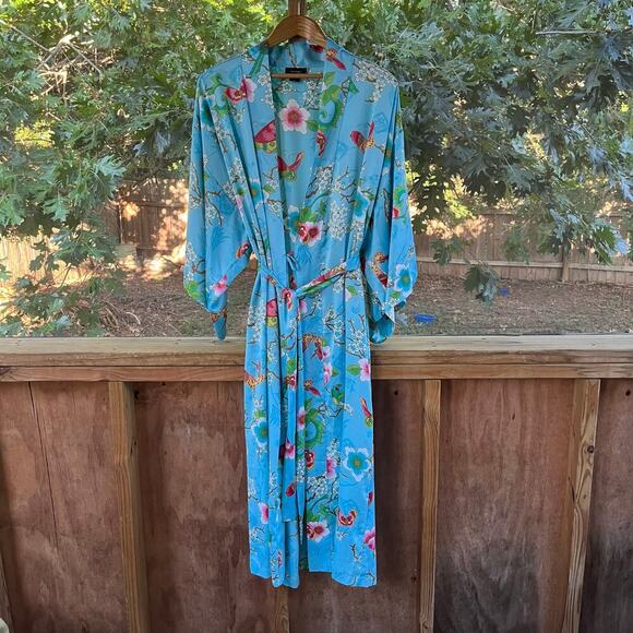 Natori Women's Blue Floral Bird Print Kimono Sleeve Robe Full Length Size M - Picture 1 of 11